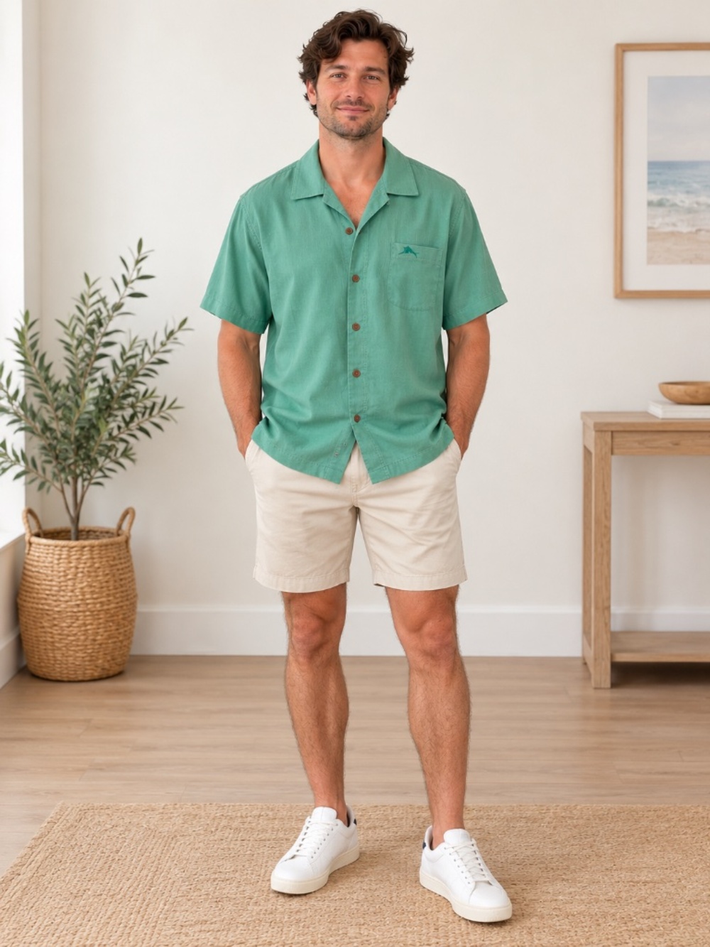 Tommy Bahama Men’s Large Green Silk Blend Camp Shirt Short Sleeve Coastal Resort